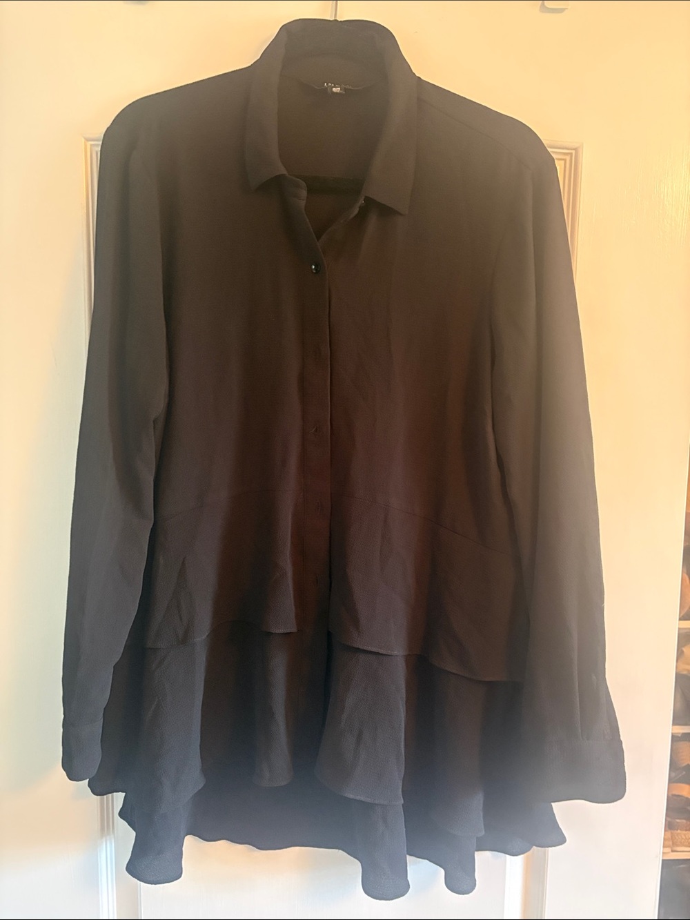 Women's Black Layered/ Tiered bottom Button-Down Blouse